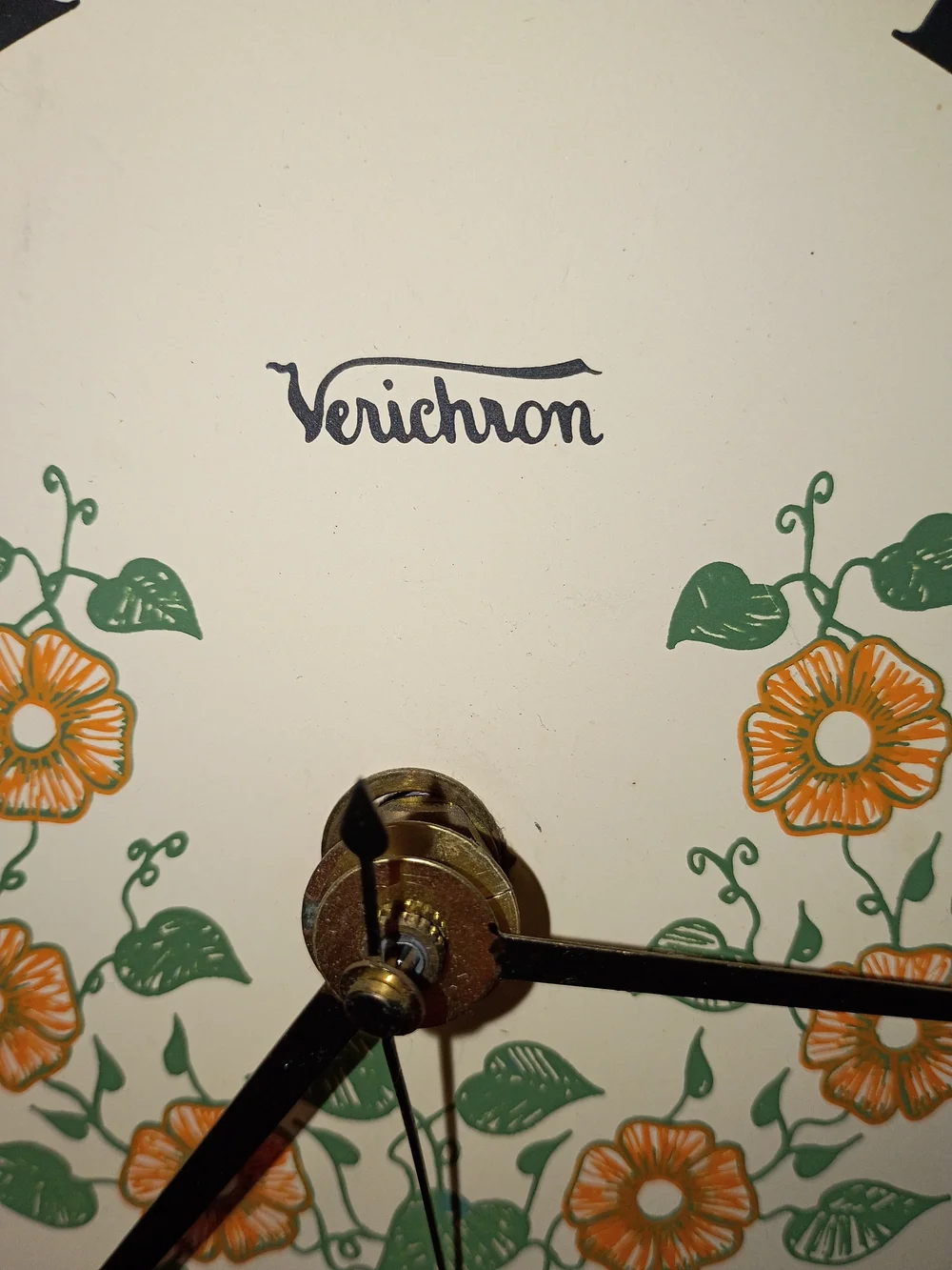 Vintage Verichron Cottagecore Wall Clock with Orange Floral Dial And Wood Case